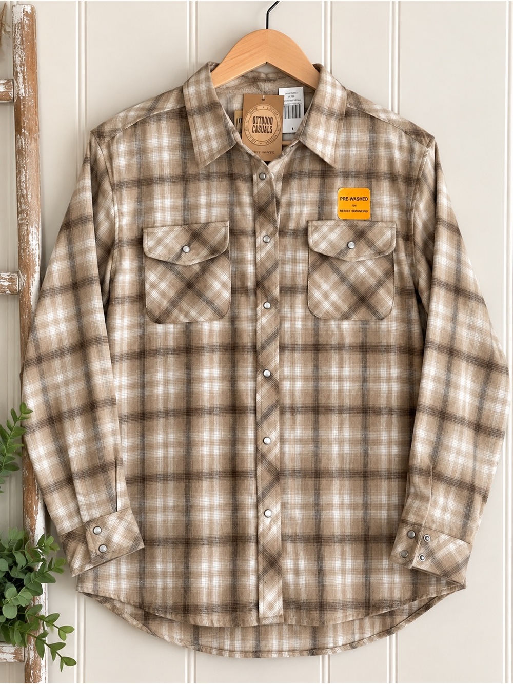 Womens Tan Plaid Button-Up Shirt Jacket